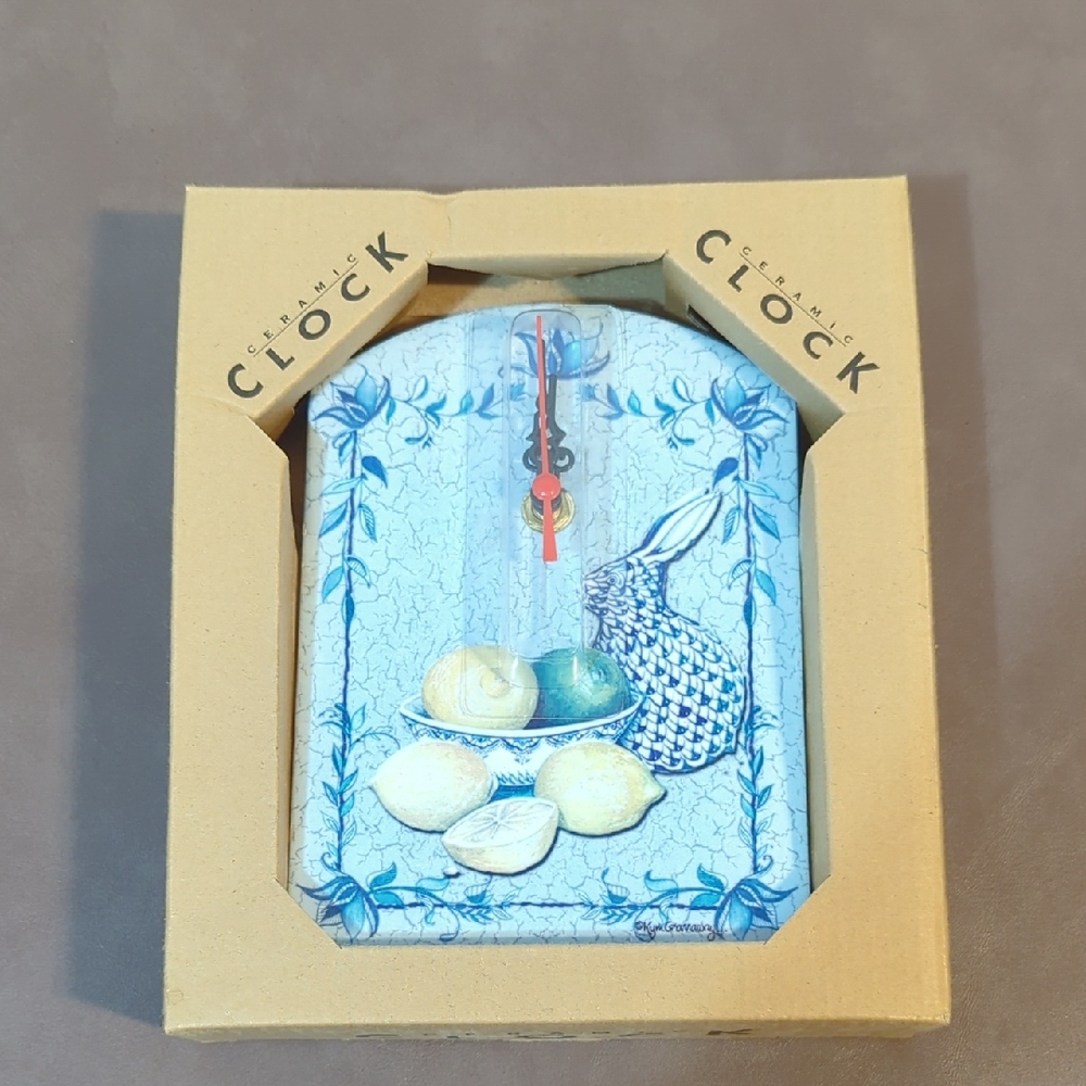 Kym Garraway Clock Ceramic Blue Morning Rabbit With Lemons Lime Flowers New